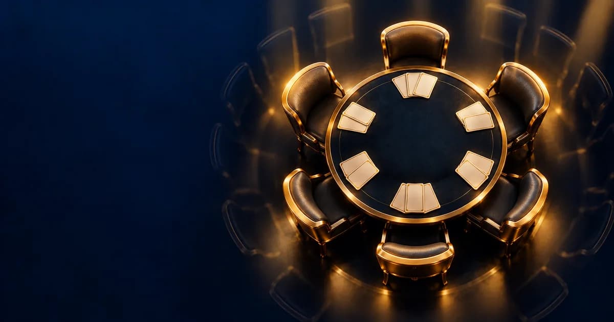 Round card table with six lit seats and faint extra seats, showing how many players can join Teen Patti