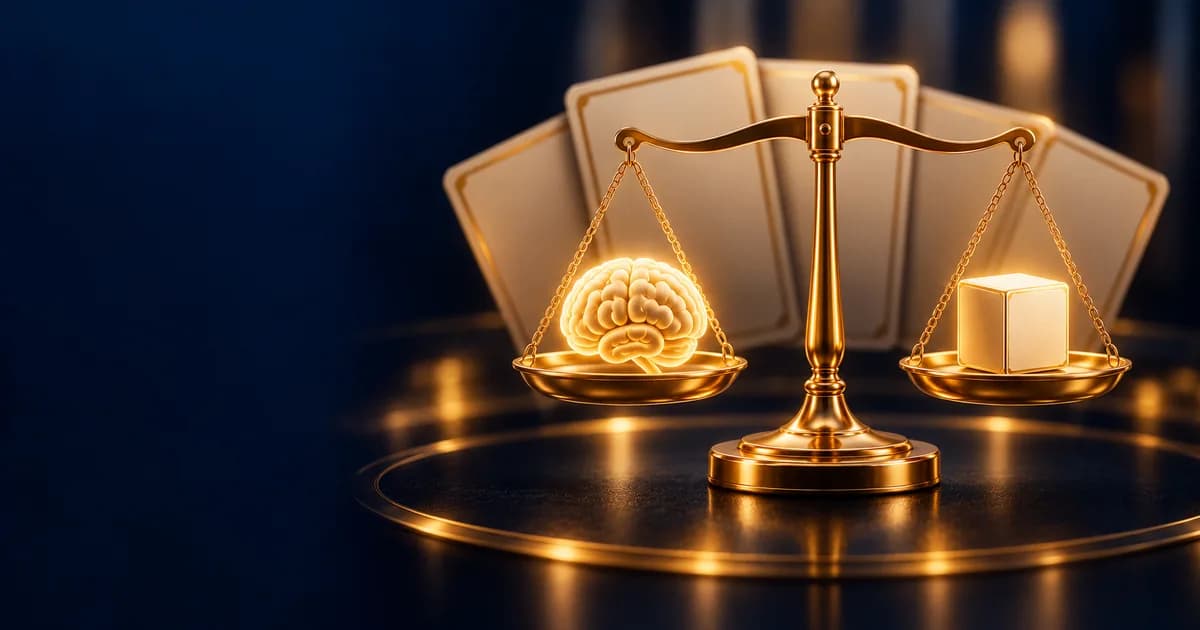 Balanced golden scale with a brain icon on one side and a cube on the other, weighing skill against chance