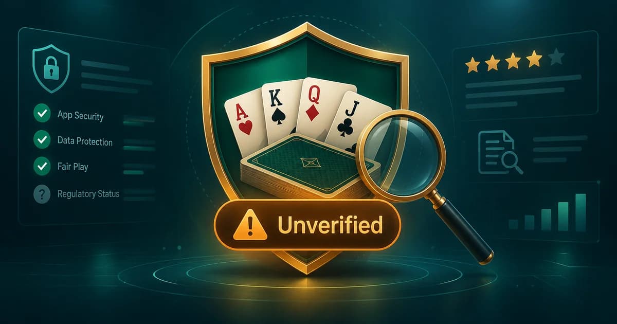 Magnifying glass over a VIP Rummy app icon with an unverified status badge