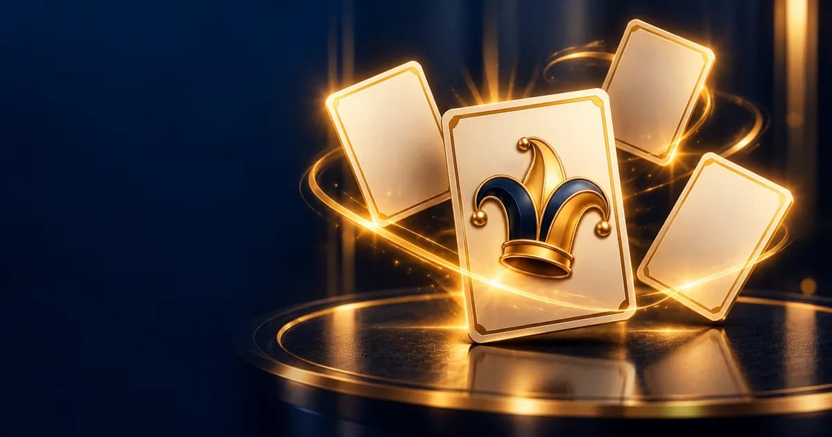 Joker card with three surrounding cards changing, illustrating wild jokers in Teen Patti