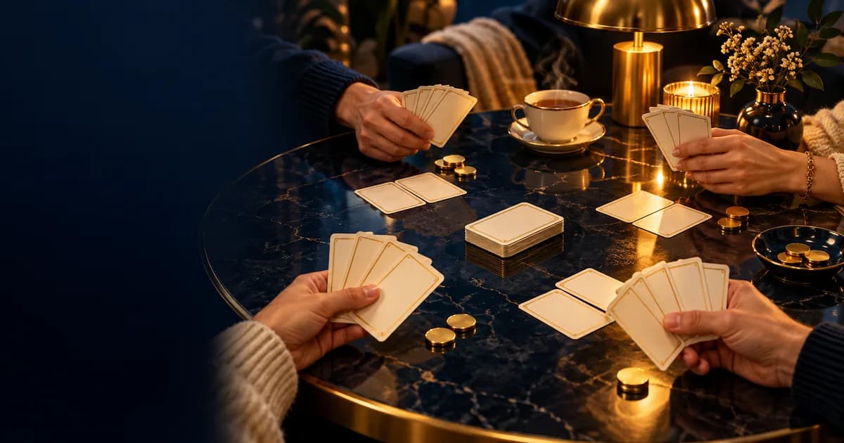 Friends' hands around a home table with cards, discs and tea, showing Teen Patti played at home