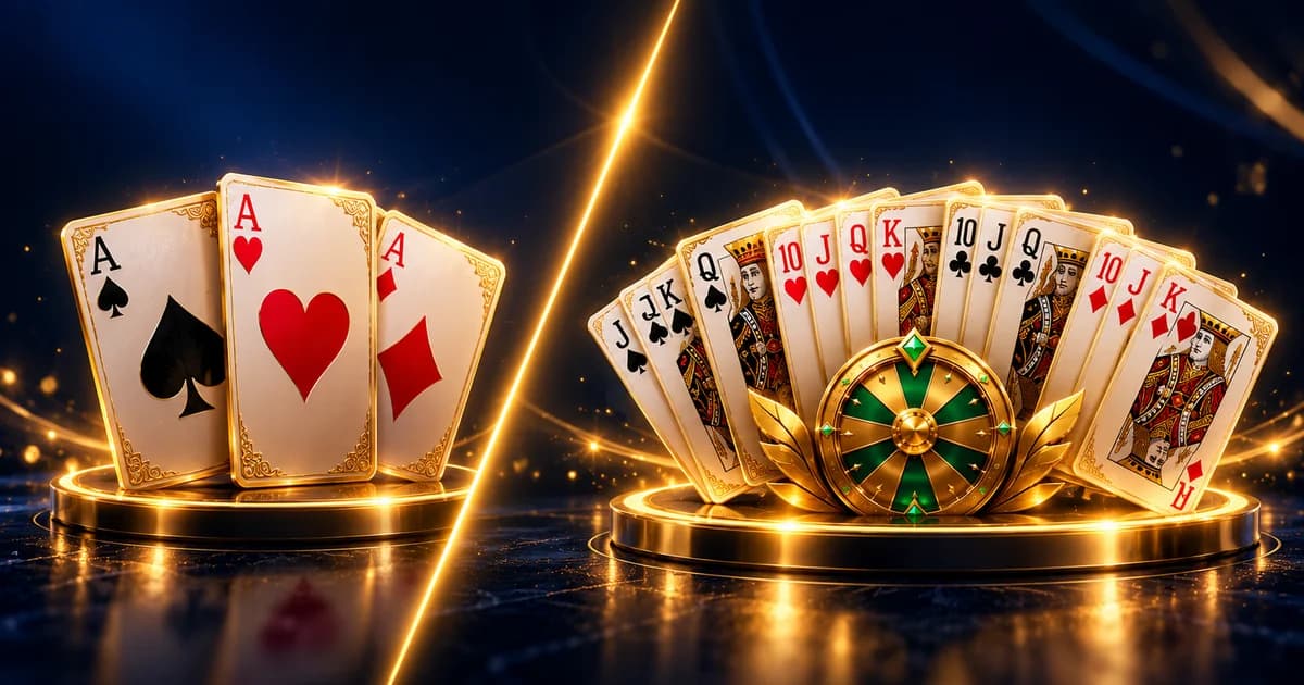 Three fanned playing cards beside a wider thirteen-card rummy hand with a spin-wheel icon, comparing Teen Patti and Spin Rummy
