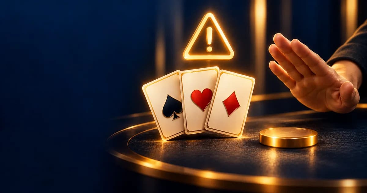 Warning triangle above a card fan and a hand pulling back from a disc, showing common Teen Patti beginner mistakes