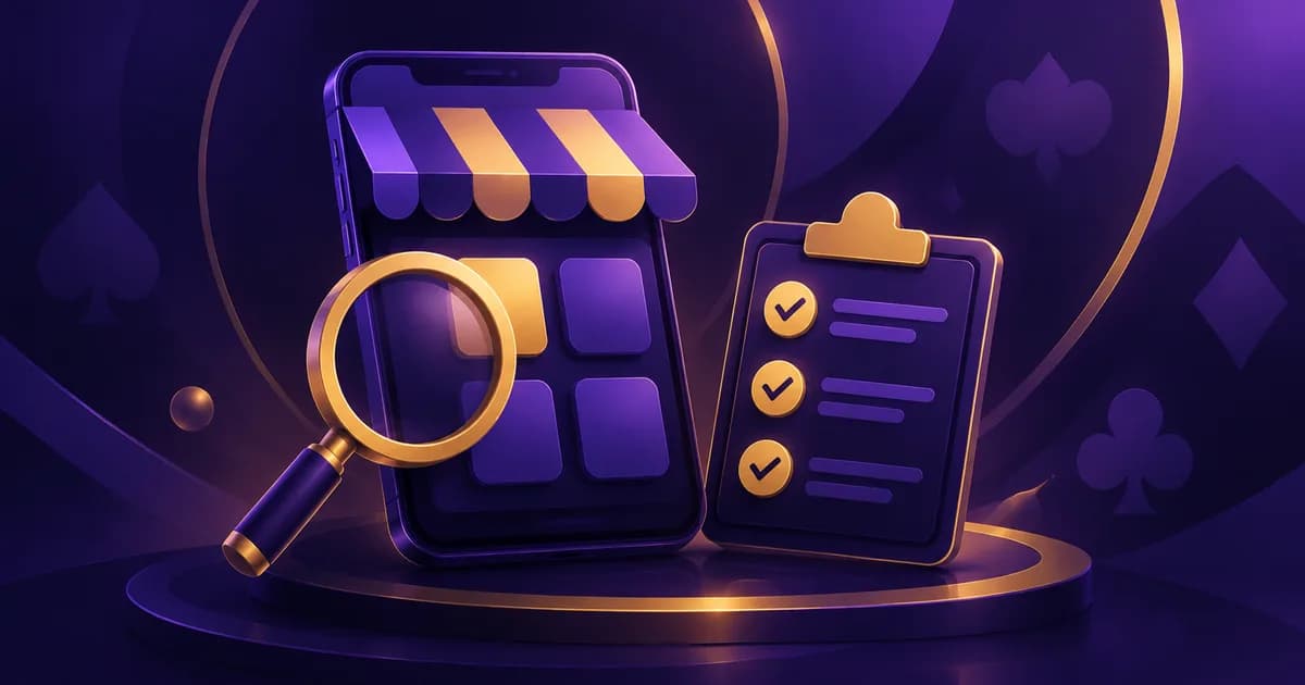 Play Store developer listing page with a magnifying glass, representing developer verification
