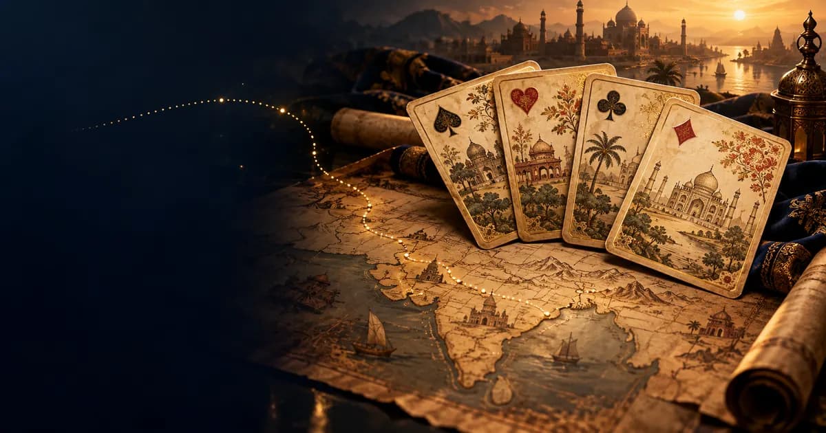 Antique playing cards on parchment with a faint South Asia map and a dotted route, showing Teen Patti history