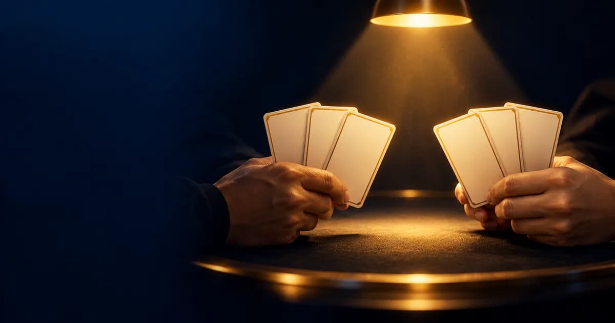 Two players comparing three cards each in a spotlight while the rest of the table is in shadow