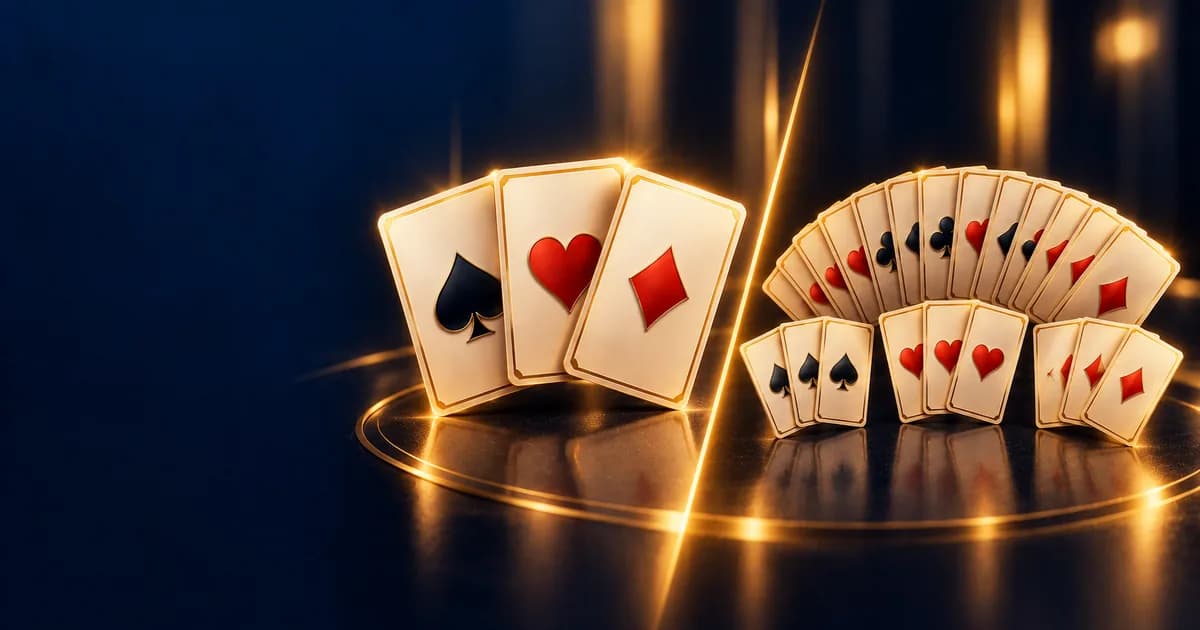 Three-card hand beside a thirteen-card rummy hand grouped into sets, comparing Teen Patti and Rummy
